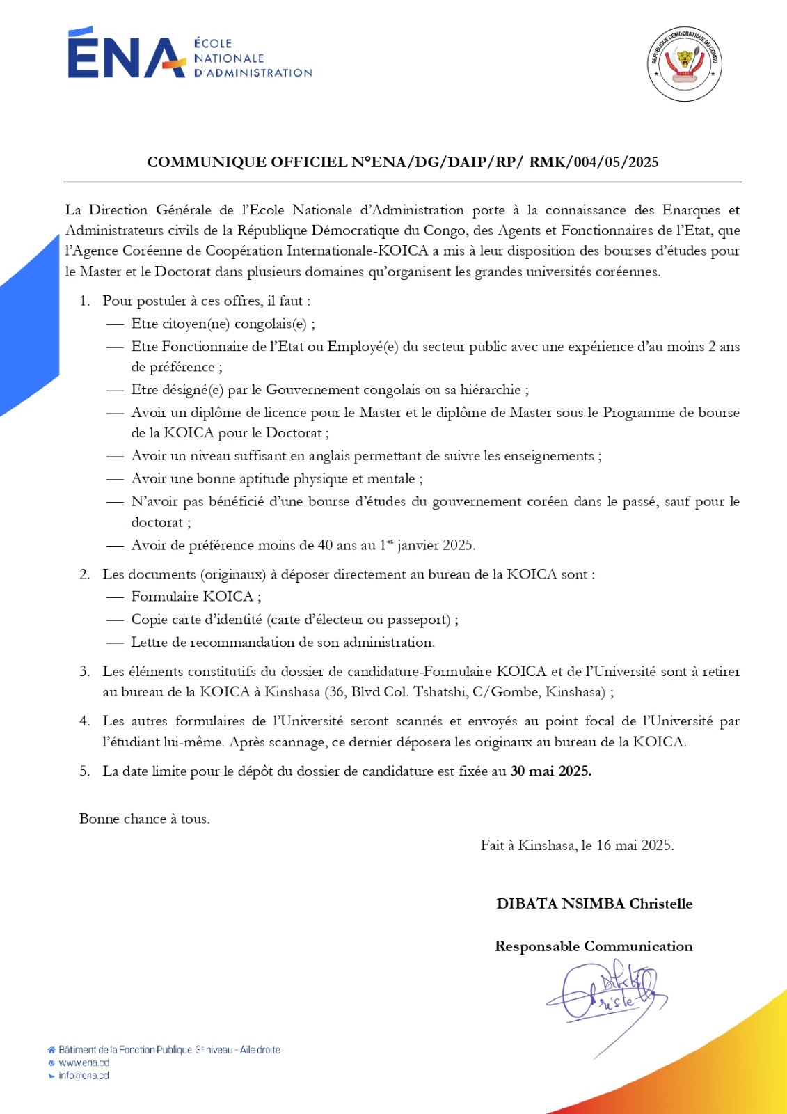 Partenariat ENA–Corée du Sud : des bourses d’excellence offertes par la KOICA aux fonctionnaires congolais pour des études de Master et Doctorat