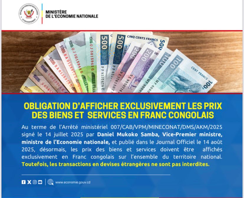 RDC : Le Franc congolais reprend des couleurs, l’État impose l’affichage exclusif des prix en monnaie nationale