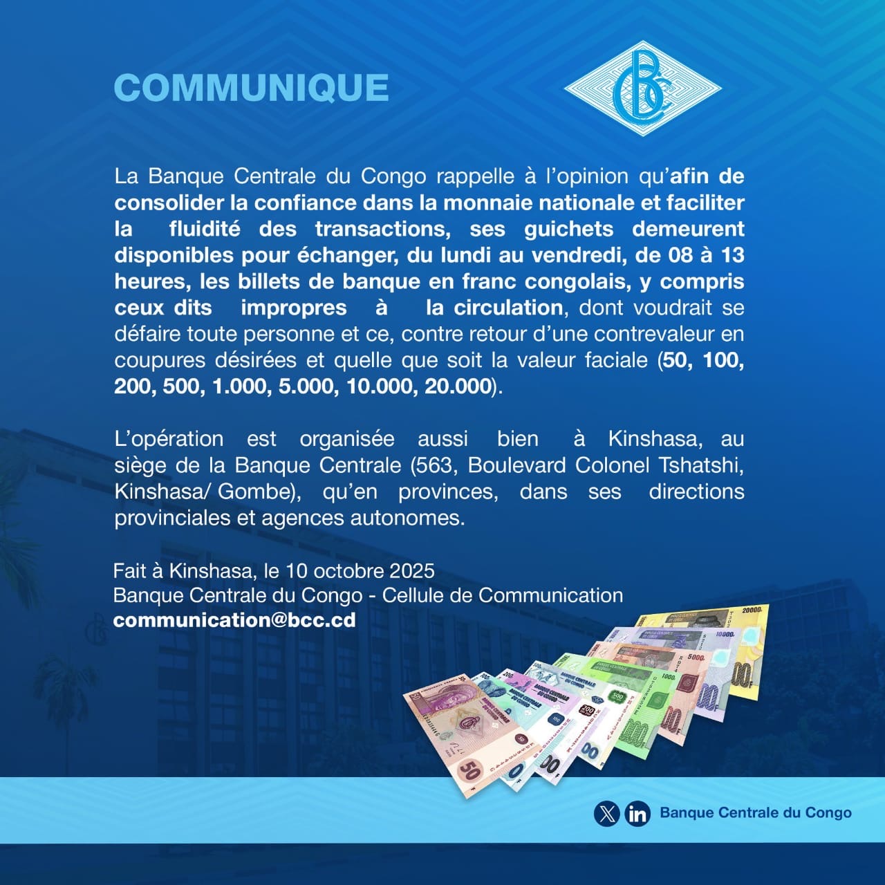 La Banque Centrale du Congo relance l’échange gratuit des billets impropres à la circulation