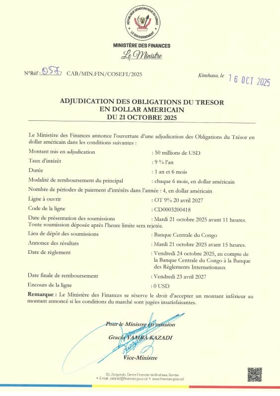 RDC : Le Ministère des Finances lance un emprunt de 50 millions USD