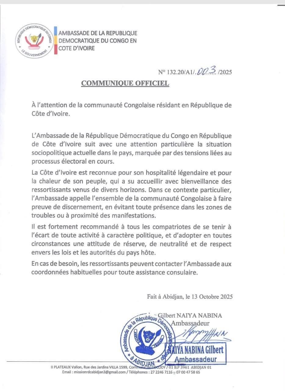 Côte d’Ivoire : L’ambassade de la RDC appelle sa communauté à la prudence face aux tensions électorales