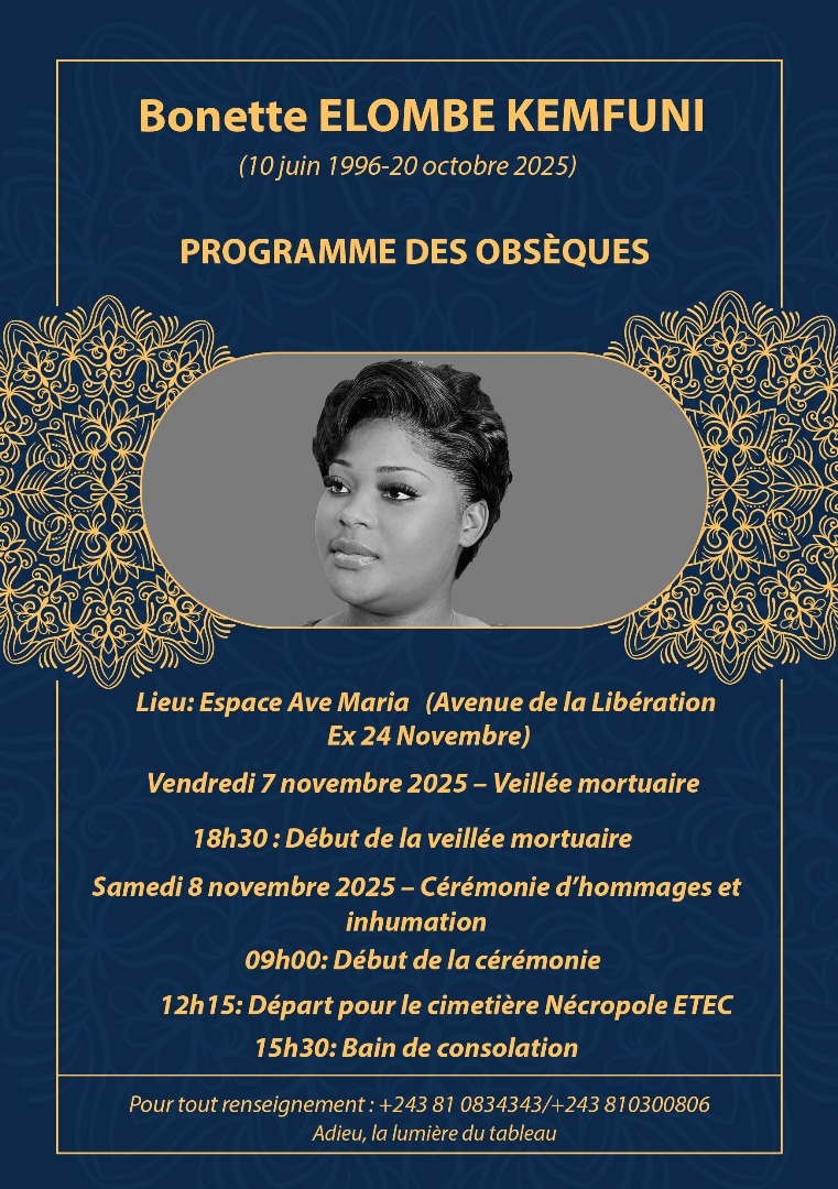 Nécrologie : Le programme officiel des obsèques de  Bonette Elombe Kemfuni